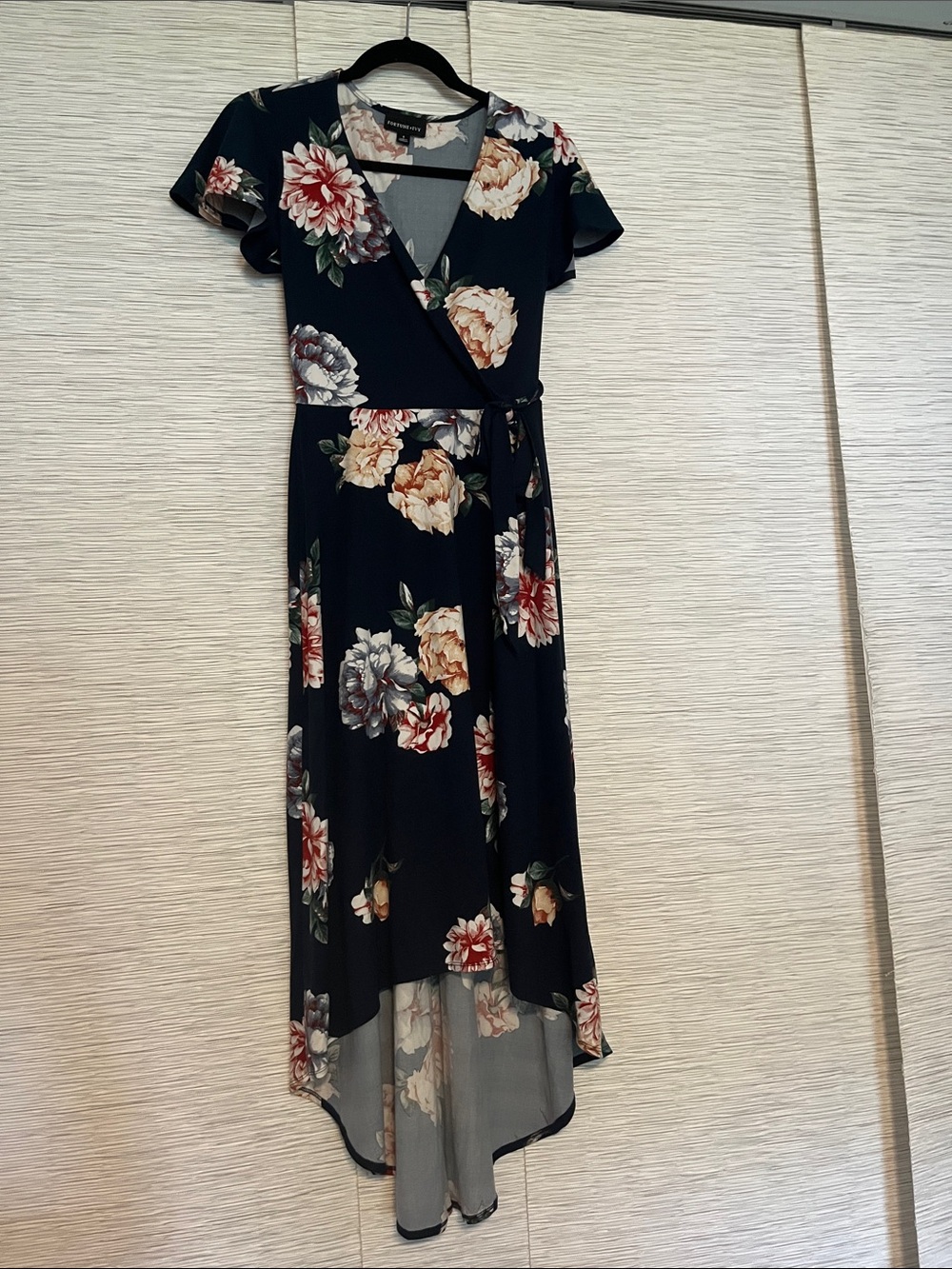 Navy Floral High-Low Wrap Dress with Self-Tie Waist